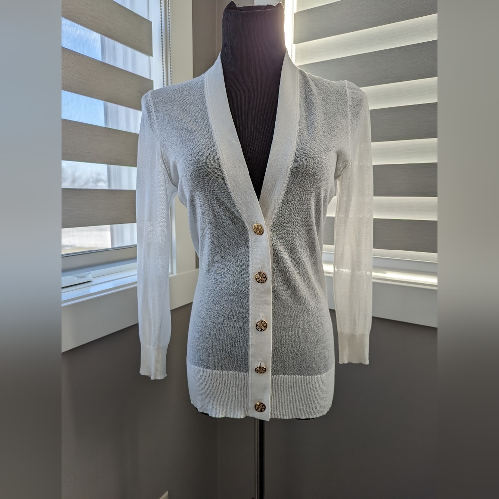 Tory Burch White Sheer Button-Front Cardigan with Gold Buttons